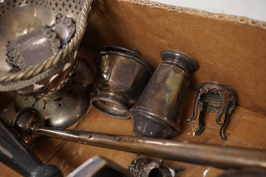 A group of assorted small silver, to include, an Edwardian miniature model of a chair, import marks for London, 1904, 41mm, together with a similar plated? unmarked table, four silver condiments, a two handled small dish